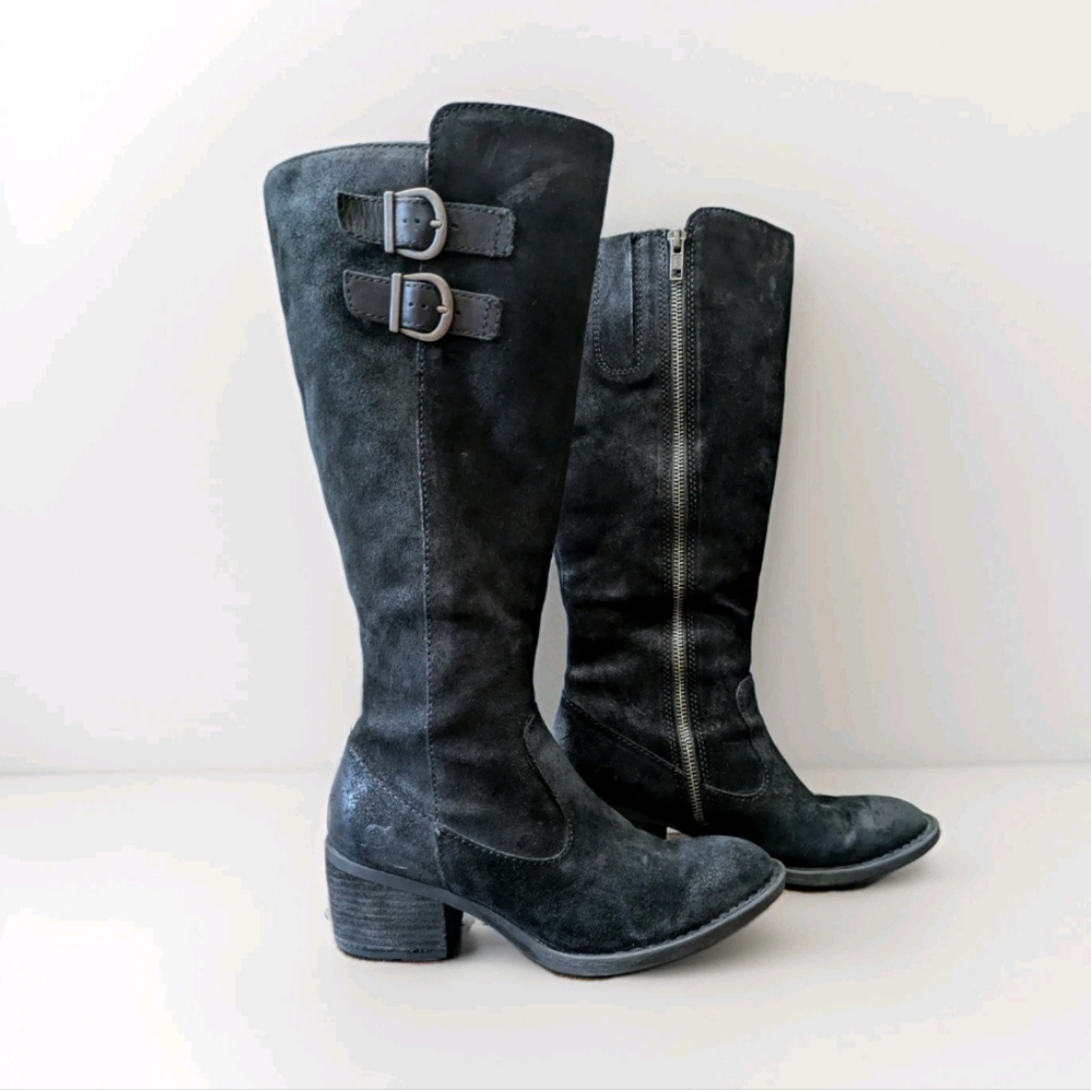 Born Womens‎ Basil Boots 6M Suede Leather Riding Black Western Lined Buckle Zip